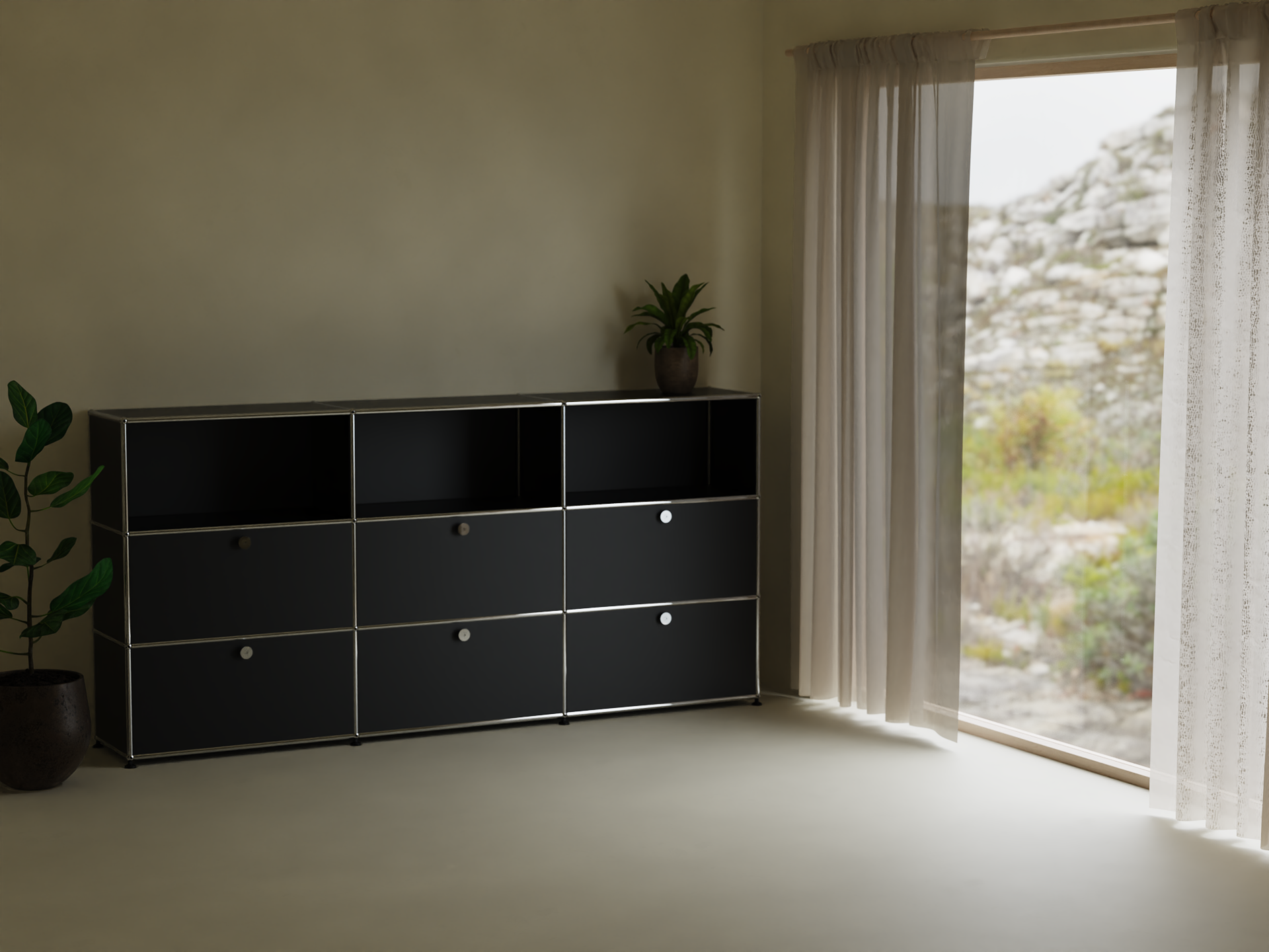 Highboard 3x3 mit sechs Klappen oben offen